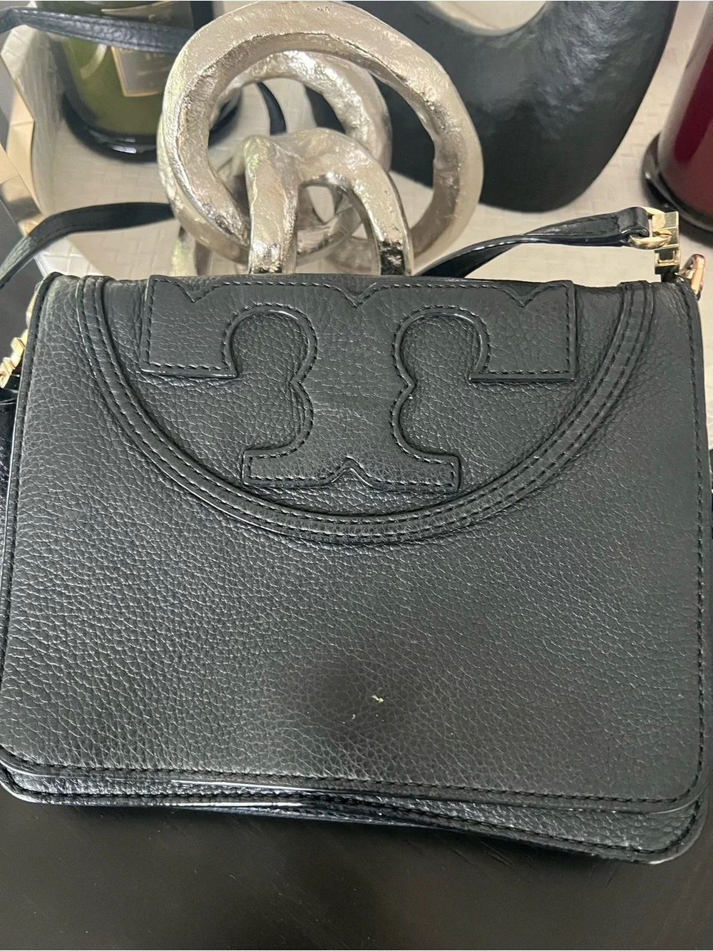 Tory Burch Black Pebbled Leather Crossbody with Signature Logo Flap